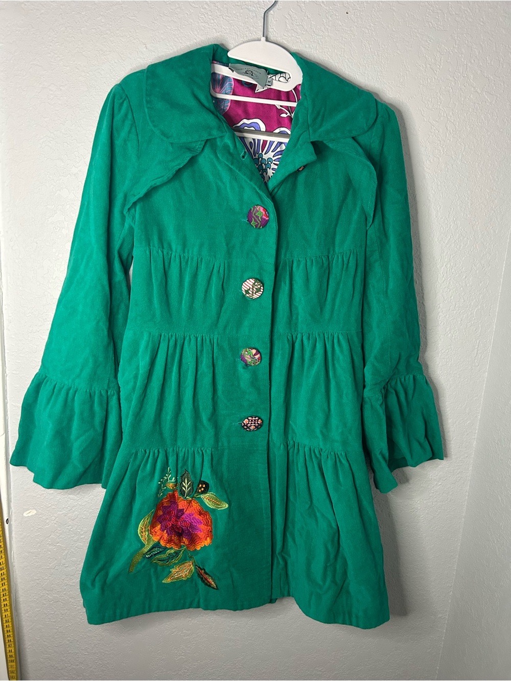 Judith March Emerald Green Tiered Coat with Floral Embroidery